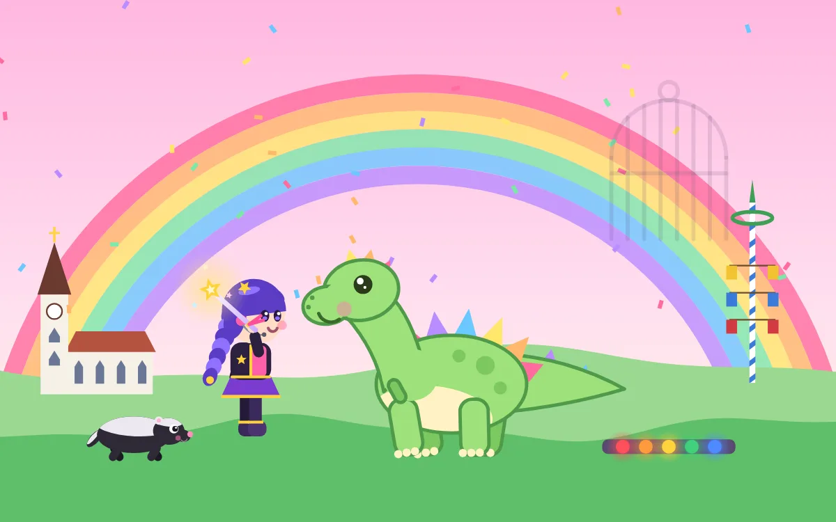 Spielszene aus Mein Reisespiel: Die Heldin feiert unter einem Regenbogen mit ihrem befreiten Dino.
