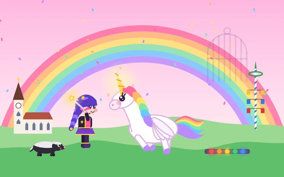 Spielszene aus Mein Reisespiel: Die Heldin feiert unter einem Regenbogen mit ihrem befreiten Einhorn.