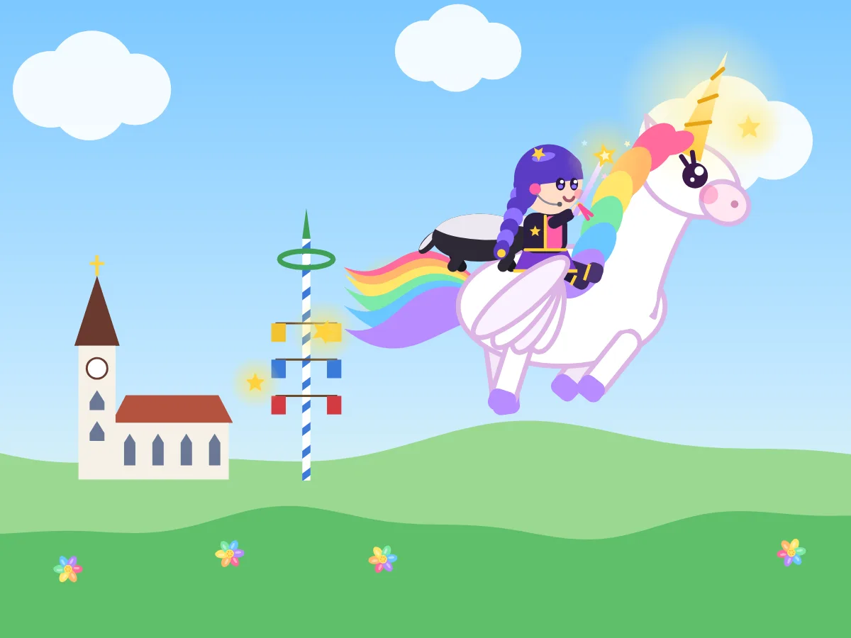 Spielszene: Ein Mädchen fliegt auf einem Regenbogen-Einhorn über grüne Hügel.